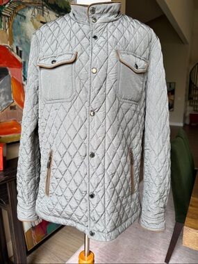 Johnson and Murphy Light Gray Quilted Shirt Jacket with Tan Contrast Trim